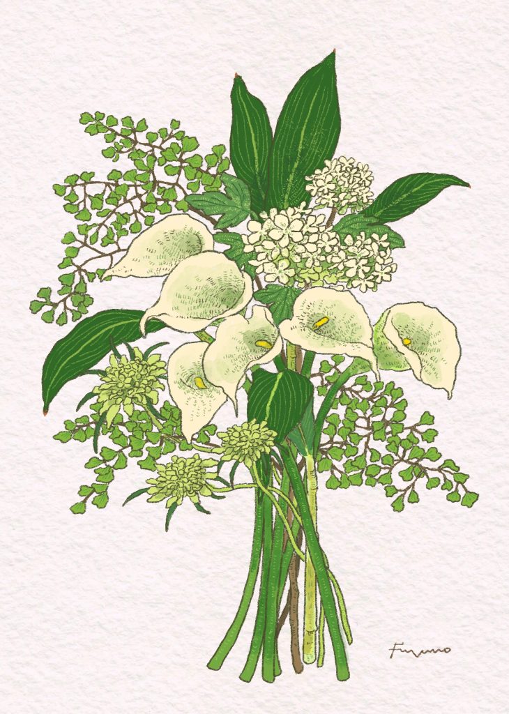 白いカラーの花をメインにしたブーケのデジタルイラスト。緑色と白色をテーマにしている。