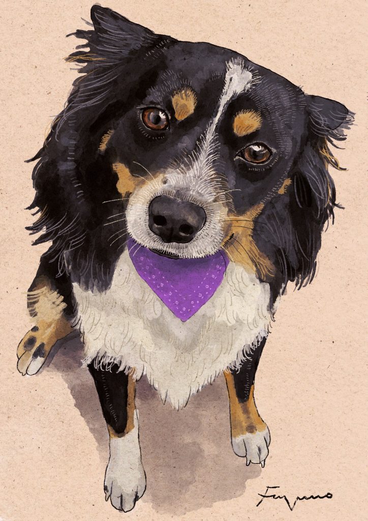 ブラックタンの毛皮の小型犬のデジタルイラスト。紫色のスカーフを首に巻いている。