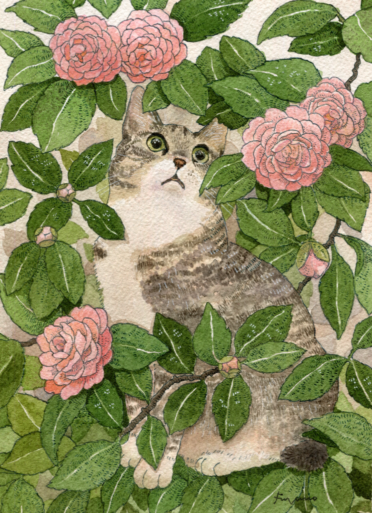 乙女椿の花の茂みの中に猫が座っている水彩画。