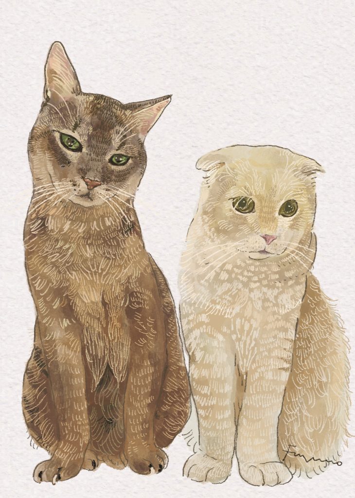 猫が二匹並んで座っているデジタルイラスト。