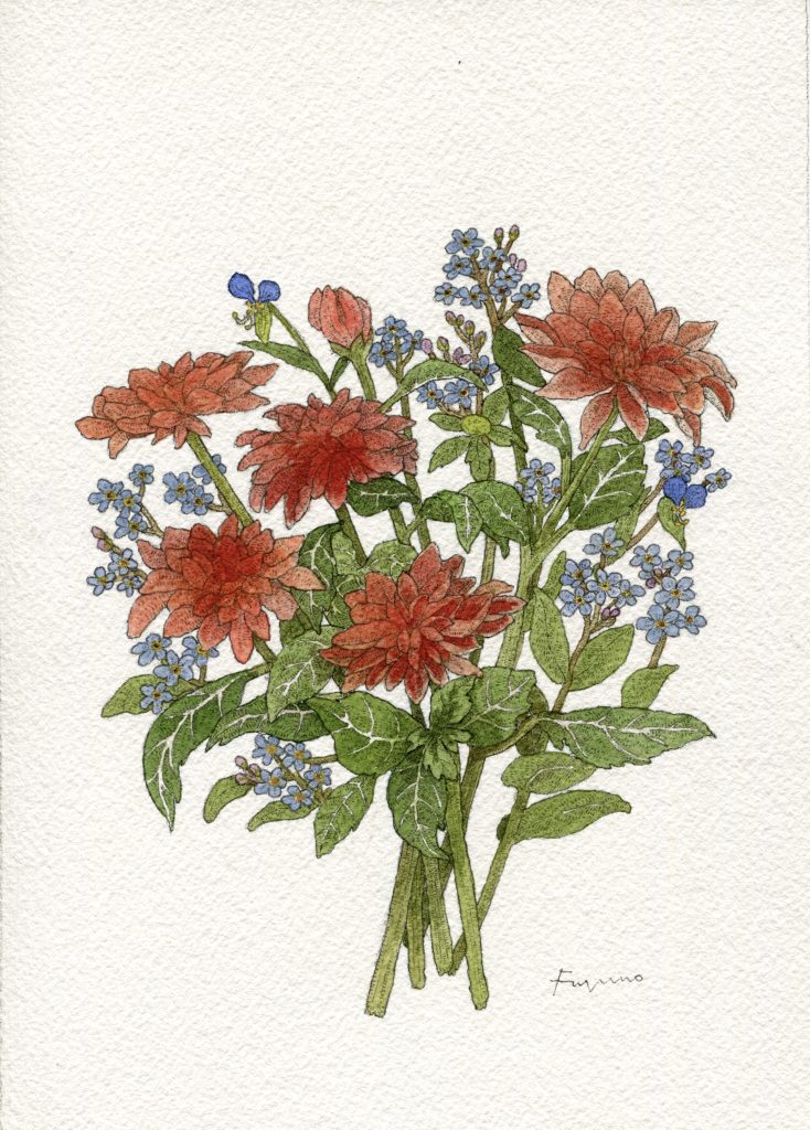 赤いダリアを中心としたブーケの水彩画。