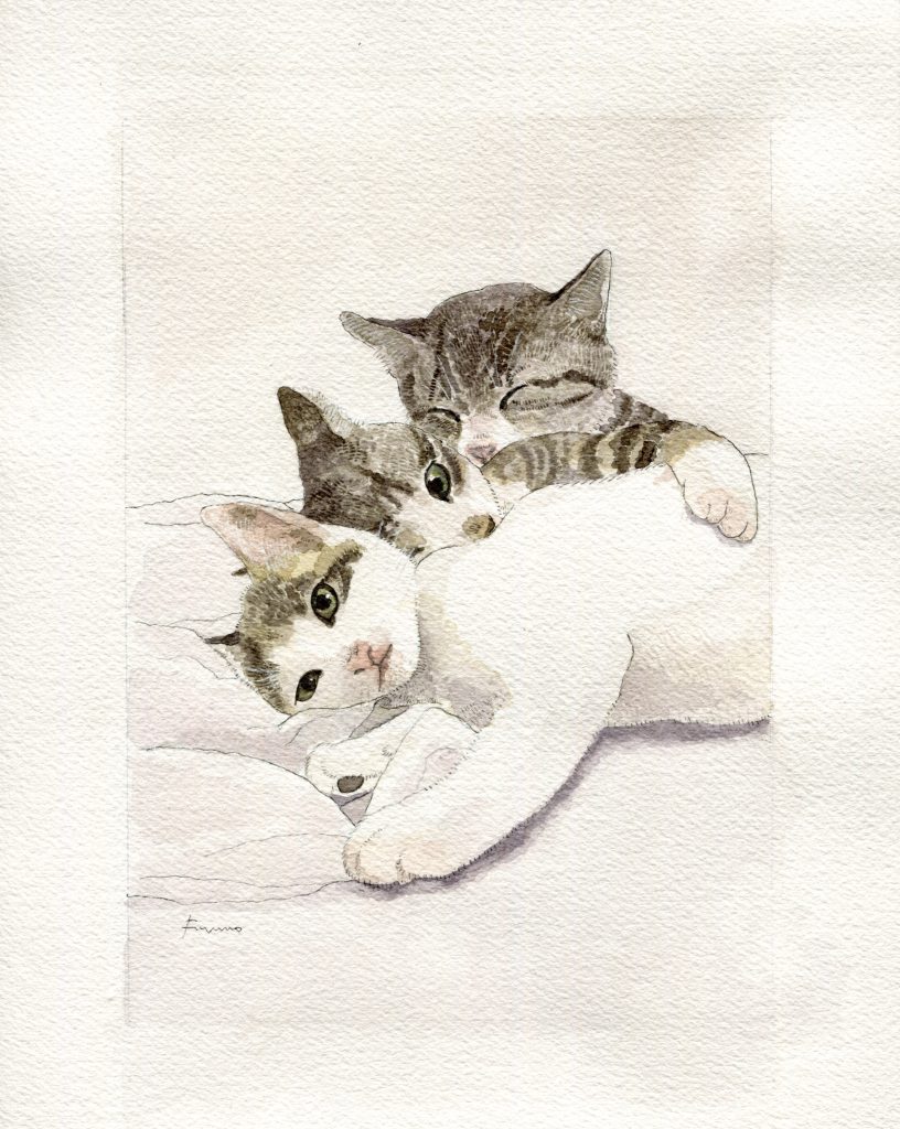 子猫が三匹くっついて横になっている水彩画